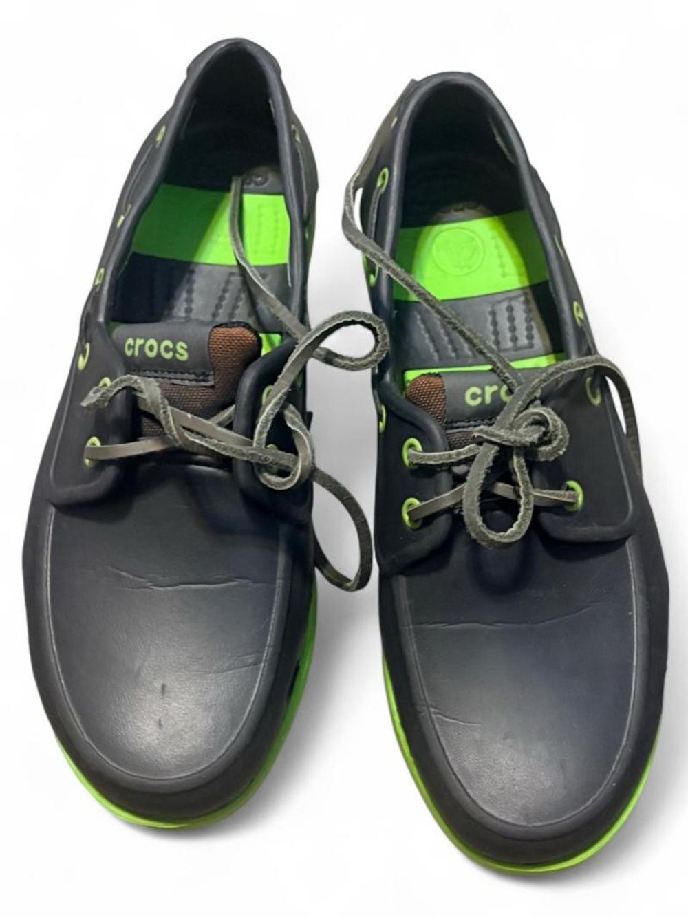 CROCS Men's Black & Neon Green Boat Shoes Sz 80!